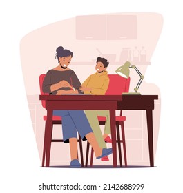 Mother and Little Kid Learn Homework at Home Together. Parent and Child Characters Sitting at Desk Studying and Learning Classes, Reading Book, Prepare Lessons. Cartoon People Vector Illustration