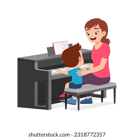 mother and little kid play piano together
