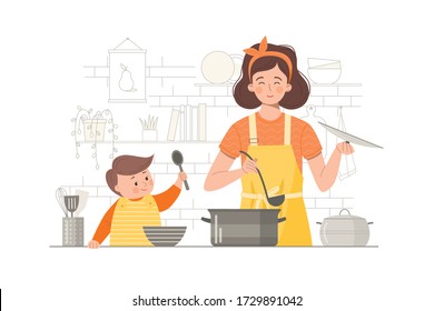 Madre e hijo pequeño preparando comida juntos. Cocina con niños. Ilustración vectorial en un estilo plano y a la moda sobre fondo blanco