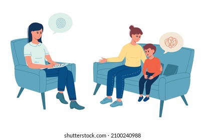 Mother and little son in the office of a child psychologist. Family consultation. 
Psychologist and professional support concept. Vector illustration