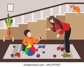 Mother with little son are playing at home. Vector illustration of parenting concept. 