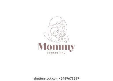 Mother and little son portrait continuous line logo design template vector illustration. Happy family hugging together outline logotype for prenatal center maternity pregnancy planning woman health