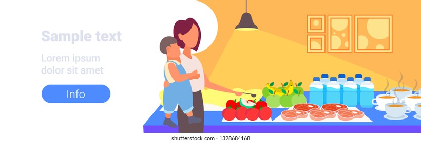 mother with little son tourists choosing dishes from table catering and tourism concept hotel restaurant interior portrait horizontal copy space