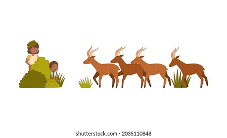 Mother with Little Son Traveler Visiting Tropical National Park Sitting in Bush Watching Antelope Vector Illustration