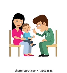 Mother and a little son visiting the doctor. The pediatrician exams baby's mouth. Vector art isolated on white. Cartoon style. Great illustration for school books. magazines, advertising etc.