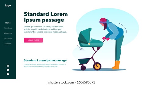 Mother looking at baby in stroller. Babysitter lulling child in pram flat vector illustration. Childcare, family and parenting concept for banner, website design or landing web page