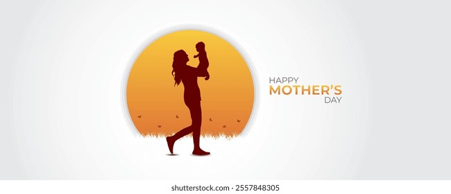 mother looking at her baby and holding up in sunset with butterflies in white background for mothers day banner background template