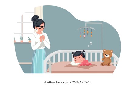 mother is looking at her baby sleeping in the crib vector cartoon illustration