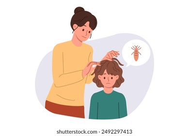 Mother is looking for lice in hair of child is upset due to infection with pediculosis and spread of parasites. Caring mom is worried about spread of lice in children who neglect hygiene rules.