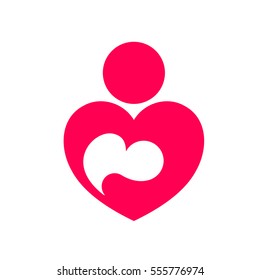 Mother love abstract icon. baby in heart shape logo design. Vector illustration isolated on white background.
