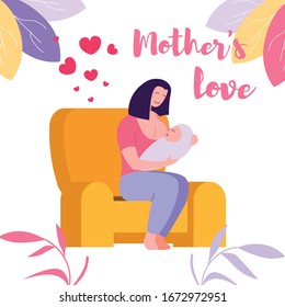 Mother Love and Bonding with Child through Breath Feeding. Young Woman Sitting on Armchair during Breastfeeding Process of Newborn Baby. Maternity Parenthood. Cartoon Flat Vector Illustration, Banner