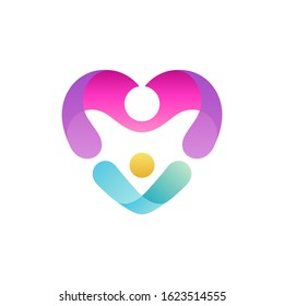 Mother love child logo design, logo concept of moms and children in heart shape, kid adoption, social foundation, childcare vector illustration.