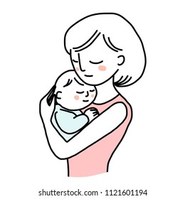 Mother love concept with a portrait of mother holding her newborn baby tenderly. Mom holding her sleeping child. Cute woman holding her kid in shoulder hold position. Greeting card for Mother's day. 