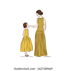 Mother love daughter. Woman and girl dressed in same long yellow dresses.