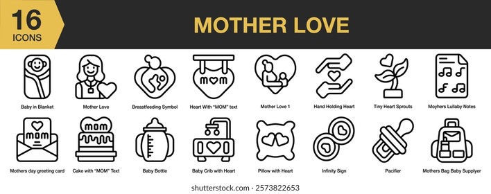 Mother Love icon set. Includes mother, family, mom, love, parent, happy, and More. Outline icons vector collection.
