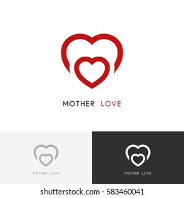 Mutter Liebe Logo - zwei rote Herzen, Mutter mit Kind, Babypflegesymbol. Familie, Mutterschaft und Schwangerschaft Vektorsymbol.