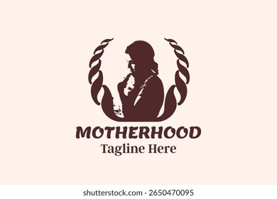 Mother loves baby logo design vector illustration. Silhouette of mother holding baby. Vector icon symbol care support maternal simple vintage classic.