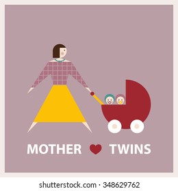 Mother loves twins. Vector flat illustration.