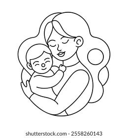 Mother Loving Her Baby Vector Line Art Illustration - Outline Drawing Design