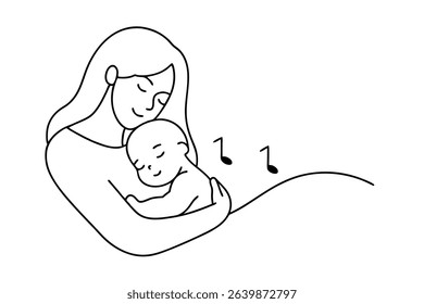 Mother lovingly cradles sleeping baby line drawing music notes