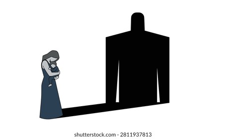 Mother lovingly holding her infant child while a giant male silhouette looms over them representing protection or a father figure.