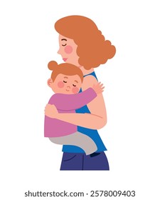 A mother lovingly holding her young daughter in cartoon style