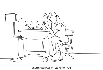 A mother lovingly hugs the incubator in which her premature baby lies. Saving a baby's life. World Prematurity Day. One line drawing for different uses. Vector illustration.