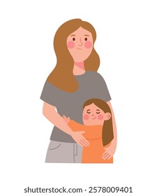 A mother lovingly standing with her daughter in cartoon style