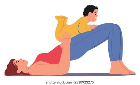 Mother lying on the floor practicing yoga with her baby on her legs. Cartoon mom character engages in a fun exercise while bonding with her child conveys theme of fitness, family, playful interaction