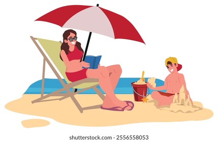 Mother lying on sun lounger on ocean or sea beach spending leisure time with her son. Beautiful woman relaxing reading book under sun umbrella. Family summer vacation. Child boy playing sand game. Fla