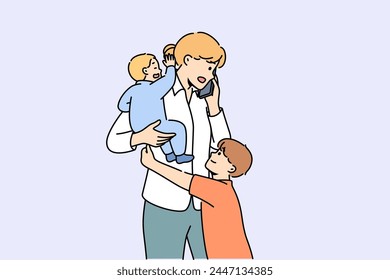 Mother makes business call and babysits children at same time, needing to hire nanny. Multitasking freelance mother is stressed by having to make calls after hours and needs to balance work and family