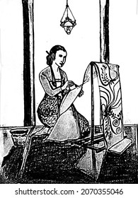 La madre está haciendo batik
