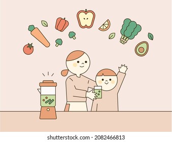 A mother is making her child drink juice made from various vegetables and fruits. flat design style vector illustration.