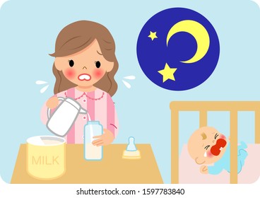 Mother making milk powder at night