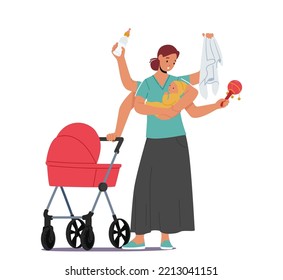 Mother with Many Arms Holding Newborn Baby, Stroller, Milk Bottle, Diaper and Rattle in Hands. Mom Character Multitasking, Stress Daily Routine Concept. Cartoon People Vector Illustration