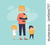 Mother of many children. Flat design vector illustration.