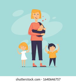 Mother of many children. Flat design vector illustration.