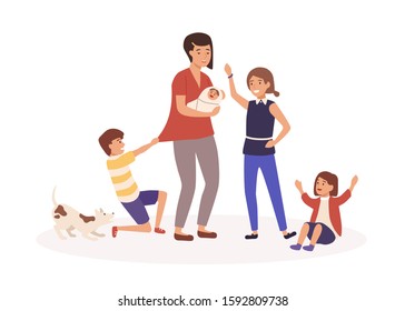 Mother with many children flat vector illustration. Tired single mom and naughty kids cartoon characters. Parenthood routine, motherhood burnout, babysitting concept. Exhausted housewife.