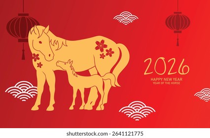 Mother mare and baby foal greeting card. Chinese new year of the horse, or lunar new year 2026 banner with zodiac horses family silhouettes on hanging lanterns background.