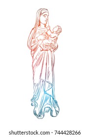 Mother Mary with Jesus Christ baby in her hands. Mother of God with a child. The Nativity or the Birth of the Blessed Jesus Christ. Color adult flesh tattoo concept. Vector.