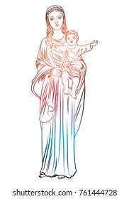 Mother Mary with Jesus Christ baby in her hands. Mother of God with a child. The Nativity or the Birth of the Blessed Jesus Christ. Color adult flesh tattoo concept. Vector.