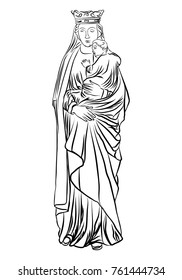 Mother Mary with Jesus Christ baby in her hands. Mother of God with a child. The Nativity or the Birth of the Blessed Jesus Christ. Blackwork adult flesh tattoo concept. Vector.