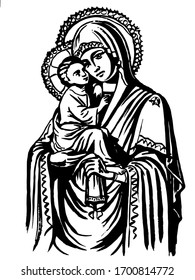 Mother Mary with Jesus Christ in sketch style in isolate on a white background. Vector illustration.