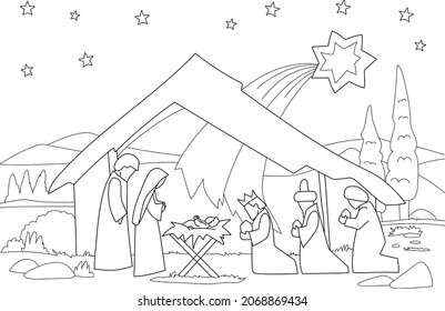 Mother Mary and Joseph with Baby Jesus for Christmas concept of Nativity: Birth of Jesus Christ. Sketch