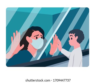 The mother in the mask breathed in contact with her son through the window. Detention of isolated patients Pandon coronavirus covid-19 Patient care Family values