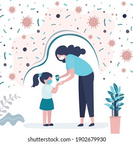 Mother in mask treats girl's hands with antiseptic. Mom and daughter follow rules of personal hygiene. Protection against viruses and bacteria during coronavirus epidemic. Flat vector illustration