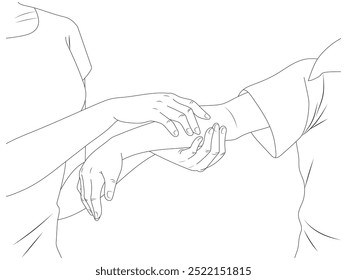 A mother massaging her child's hand. Illustration in outline and vector format.