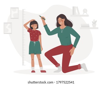 Mother measures the child height. Daughter and mom in the room mark the height on the meter wall. Flat vector illustration in green and red colors.