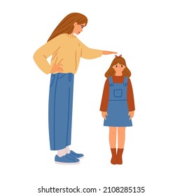 Mother measures daughter's height. Vector hand drawn illustration in flat cartoon style. Isolated on white background.