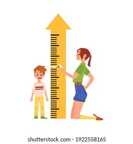 Mother measures son height by ruler meter in arrow shape, flat vector illustration isolated on white background. Children growth and development concept.